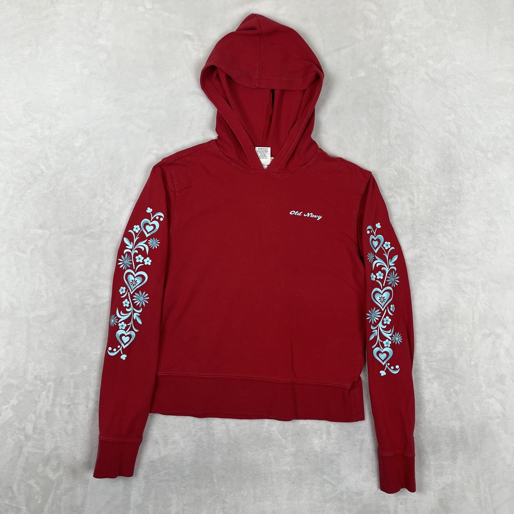 Vintage Old Navy Hoodie Womens Medium Red Lightweight Pullover Floral Heart Y2K